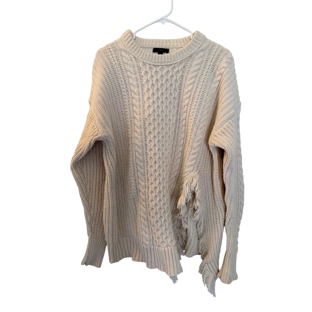 J.Crew Womens Large Cream Cable Knit Fringe Sweater Pullover Ribbed Trim‎